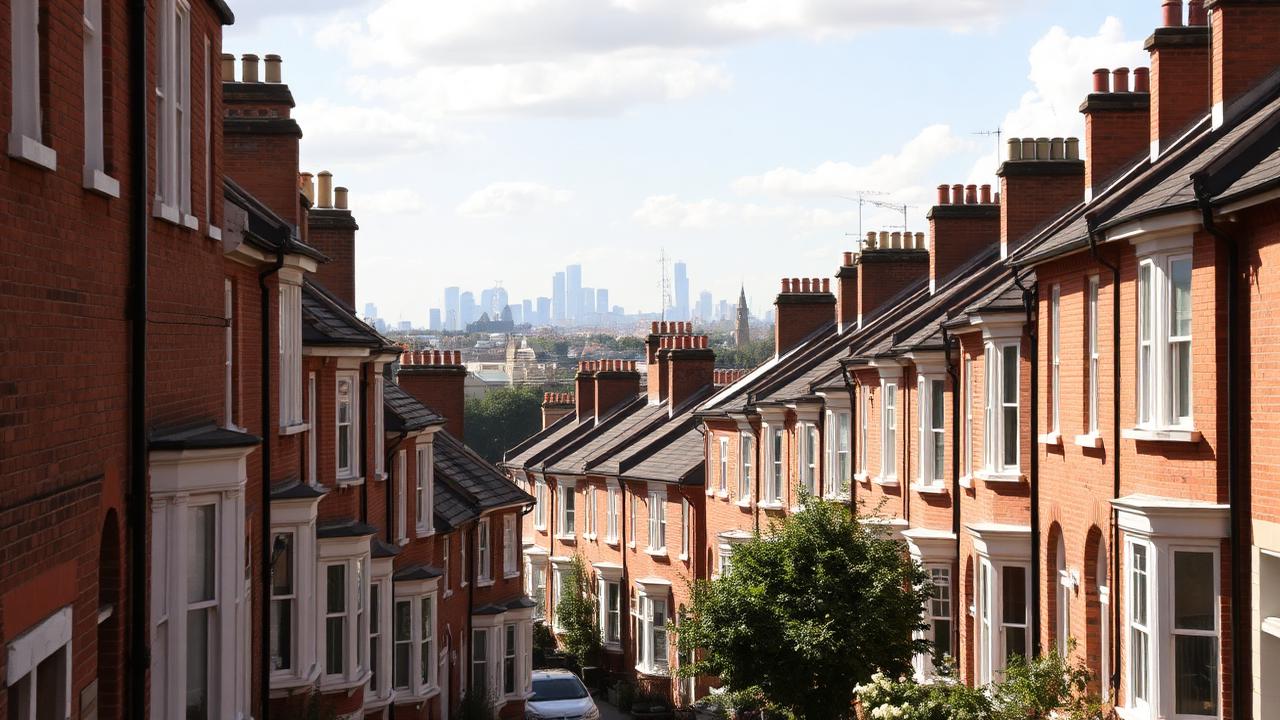 Rows of London terraced houses with the city skyline behind